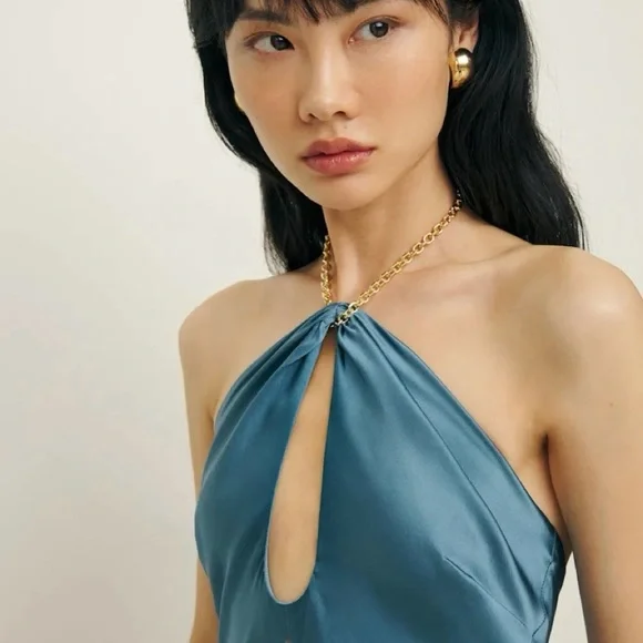yesenia silk dress Reformation Yesenia Silk Dress in Blue